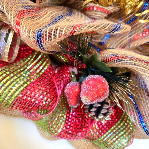 Handcrafted Burlap & Mesh Sock Monkey 24" Christmas Wreath - Picture 8 of 13